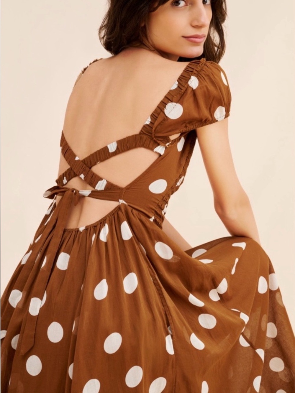 Free People Ultraviolet Brown and White Polka Dot Open-Back Maxi Dress